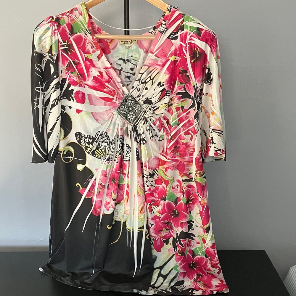 ONE WORLD Pink and Black Floral Blouse